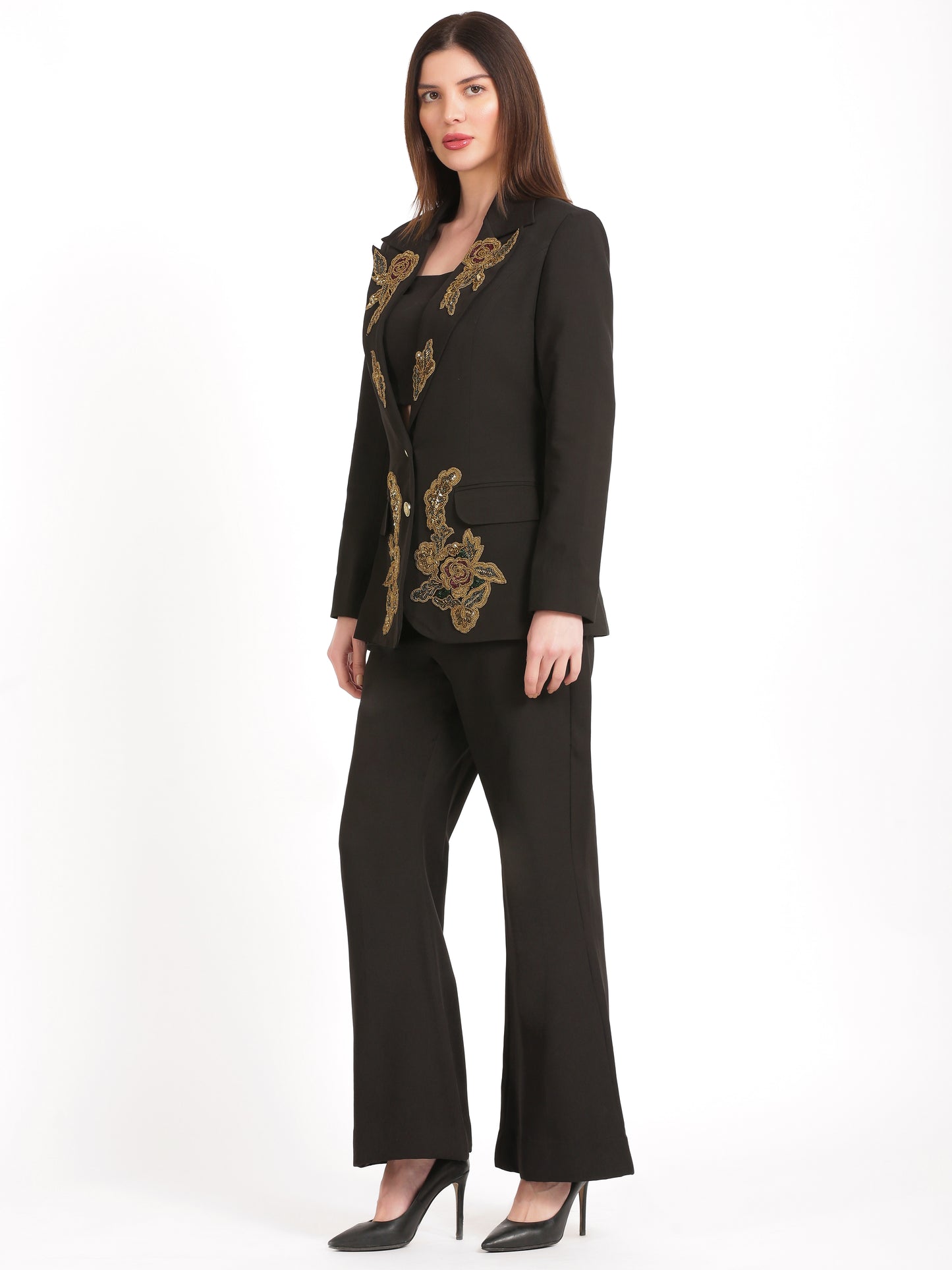 Golden Bloom Embroidered Blazer Suit