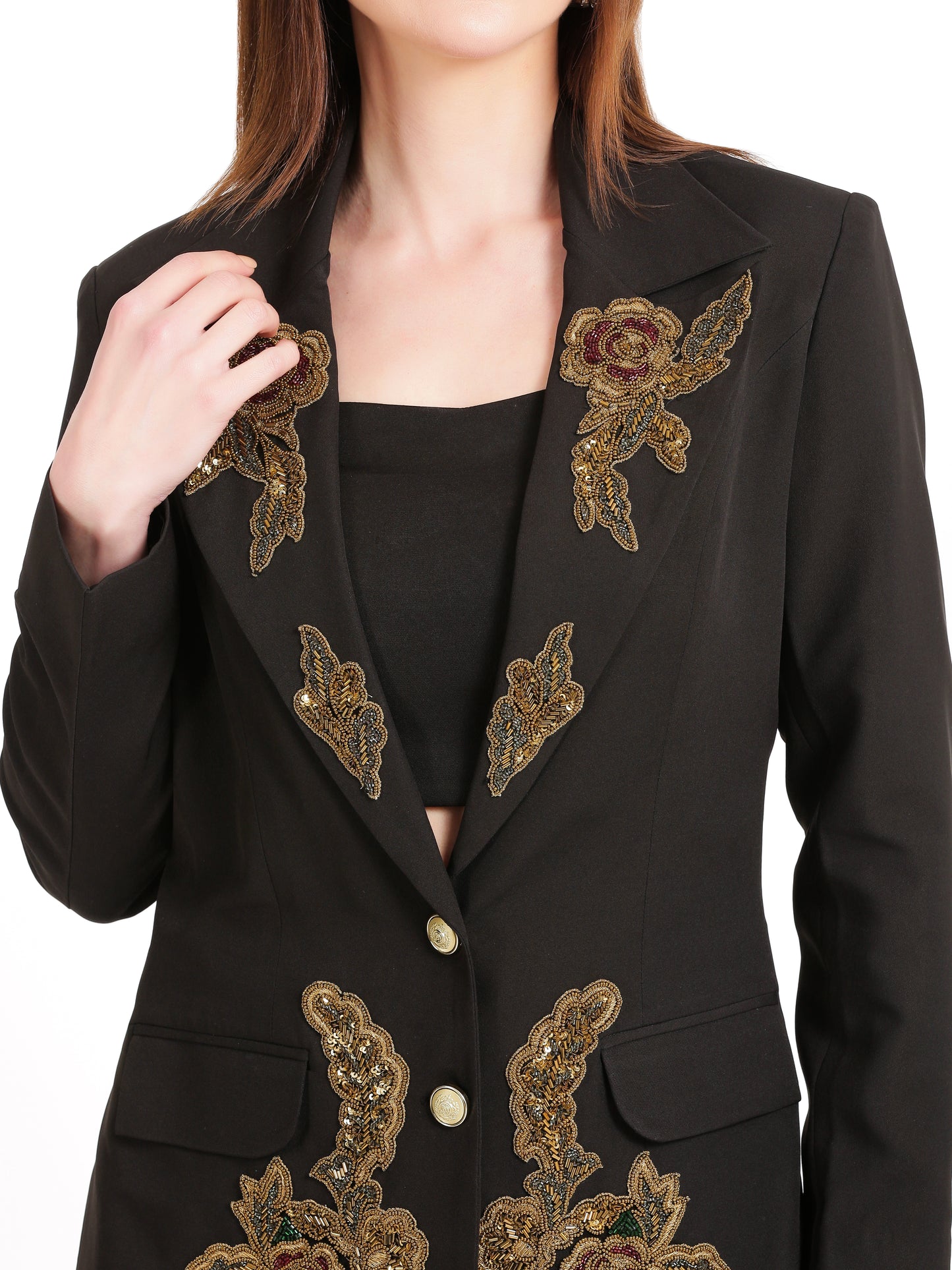 Golden Bloom Embroidered Blazer Suit
