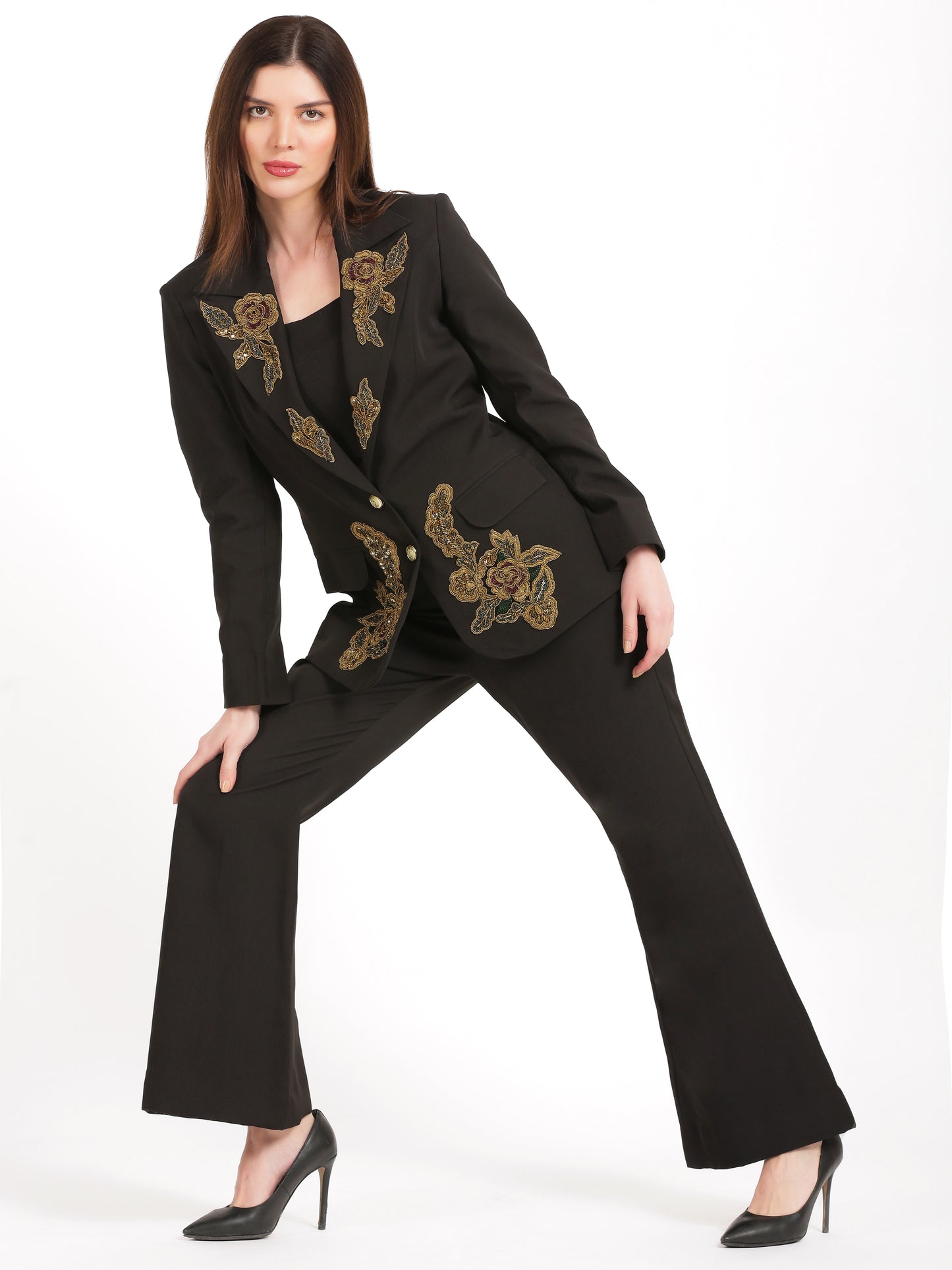Golden Bloom Embroidered Blazer Suit